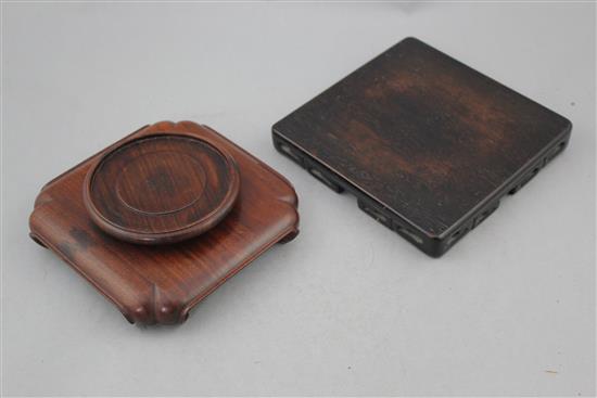 Four Chinese rosewood stands and a Chinese wood and mother of pearl inlaid tray, 19th / early 20th century, 33cm.